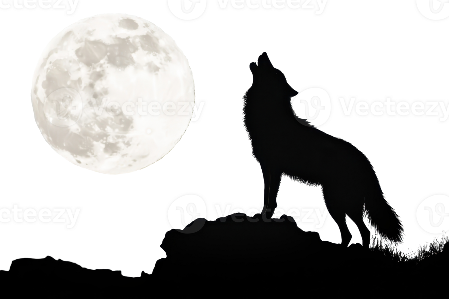A silhouette of a wolf howling at a large, bright full moon against a dark, starless sky. png