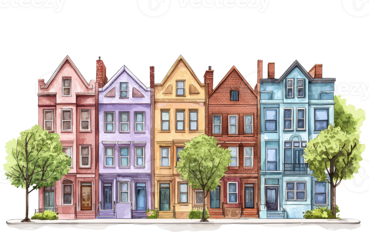 A row of colorful, charming houses with distinct architectural features and greenery, showcasing a vibrant urban scene. png
