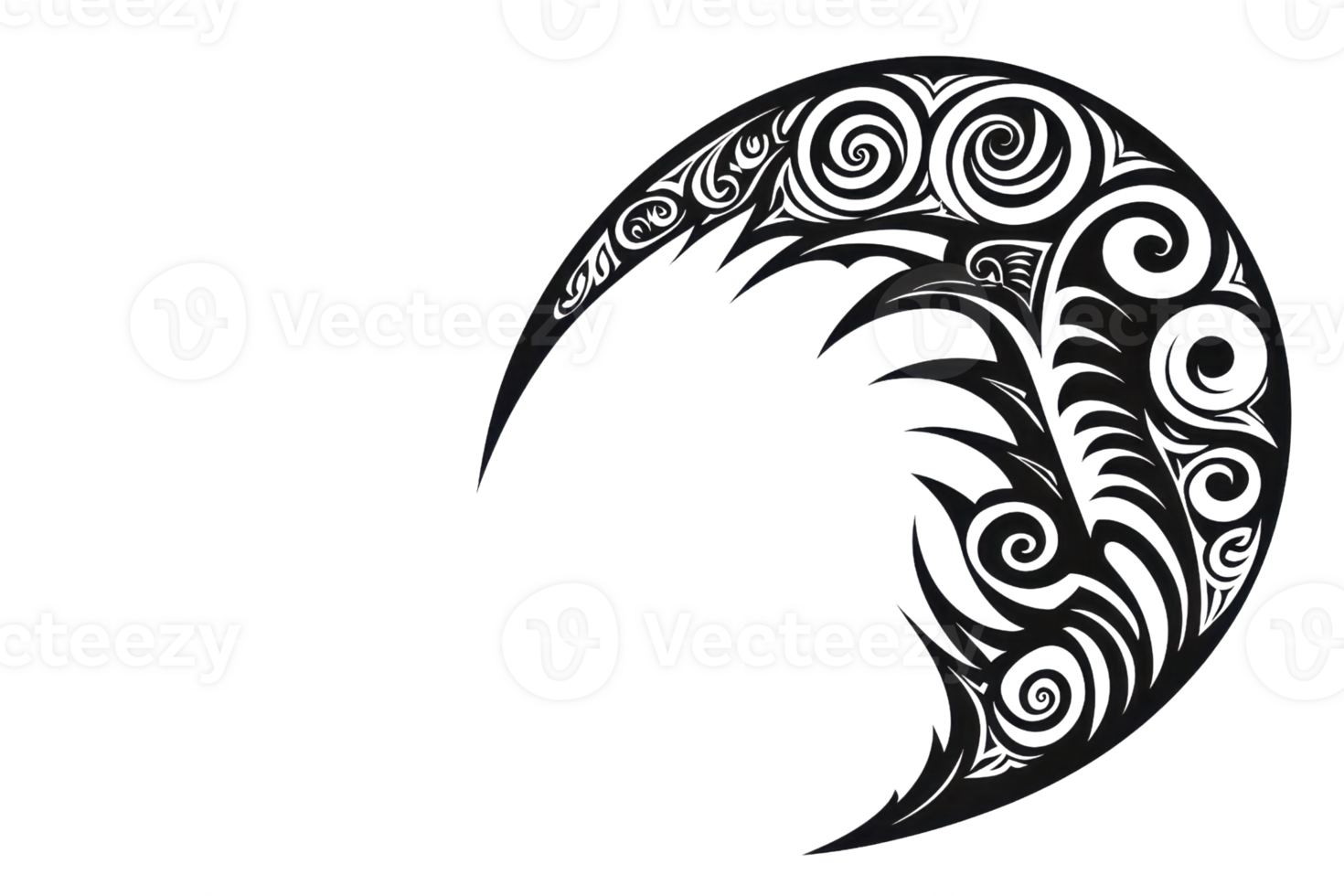 A decorative black crescent moon featuring intricate swirling patterns and sharp edges, embodying a mystical aesthetic. png