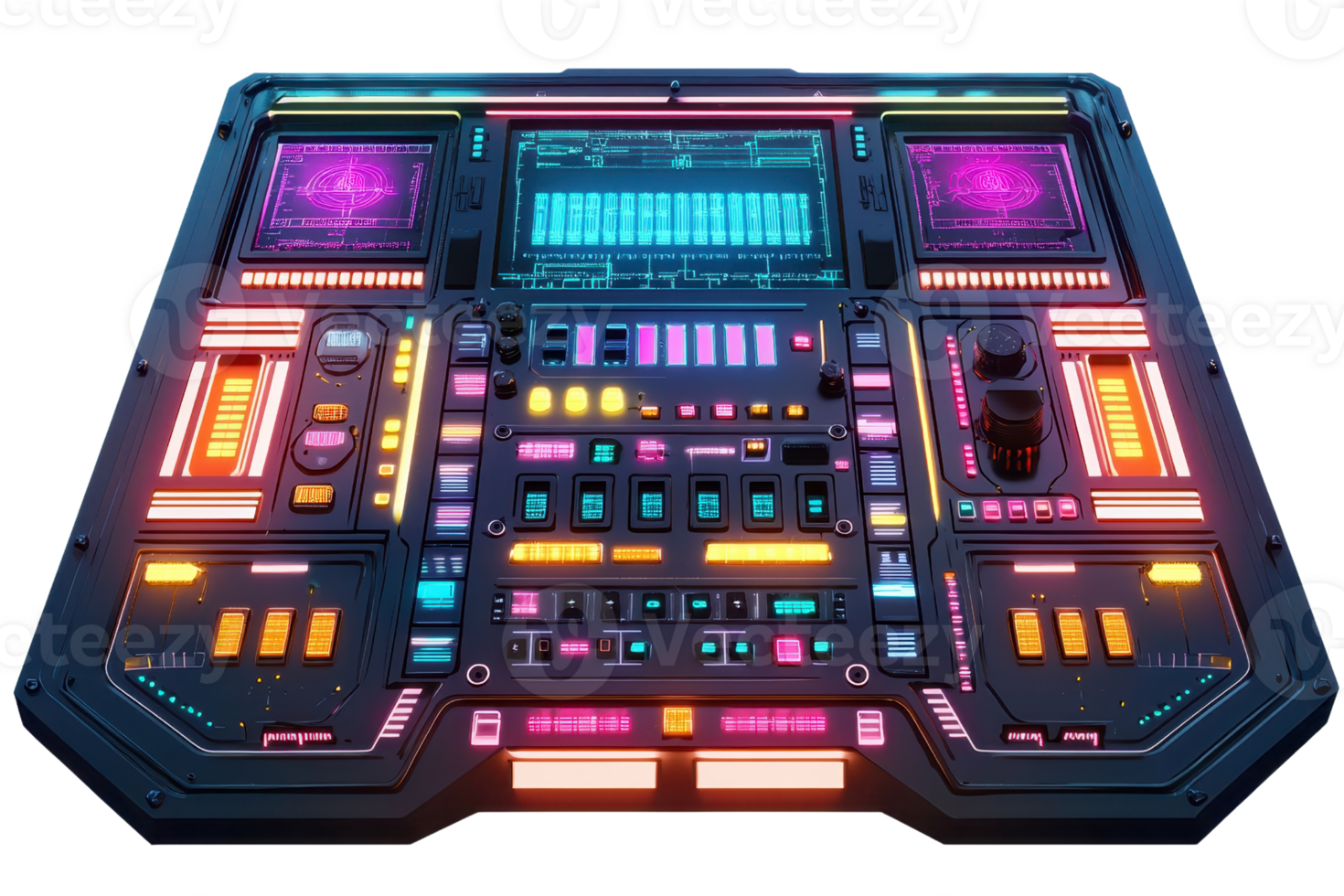 A futuristic control panel with vibrant neon lights, featuring various buttons, sliders, and screens. png