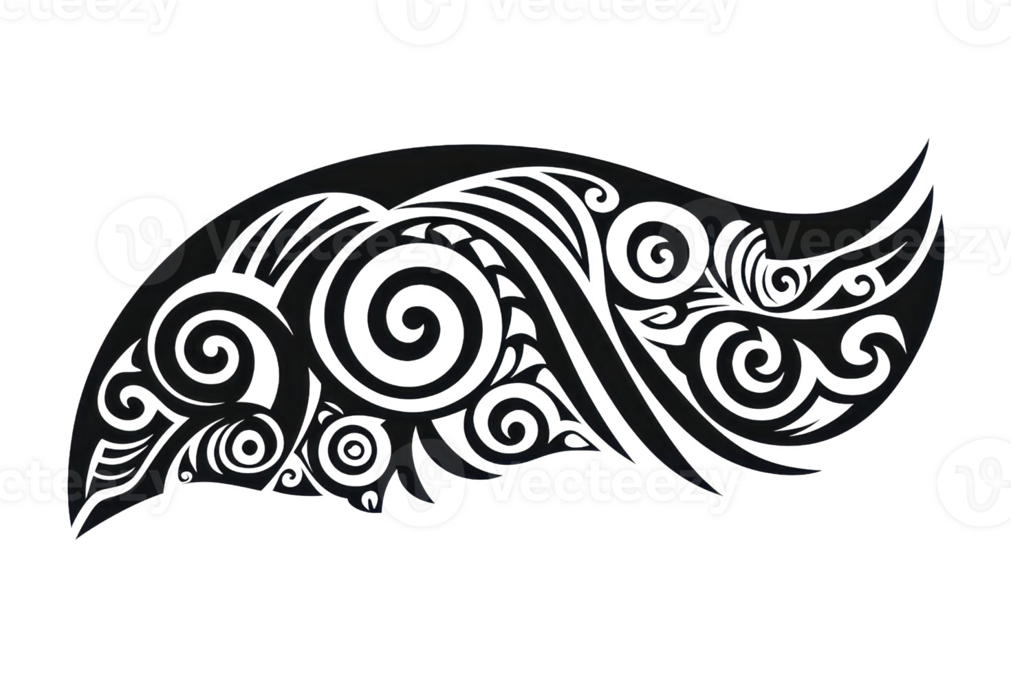 A stylized tribal design featuring intricate swirls and patterns, conveying a sense of movement and cultural significance. png