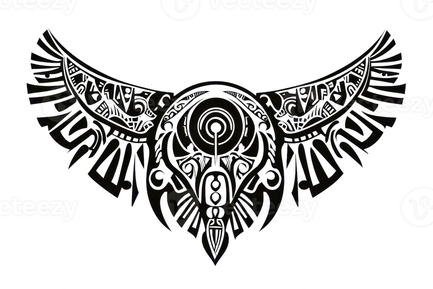 A stylized wing design featuring intricate patterns and a central circular motif, evoking a sense of mystique and creativity. png