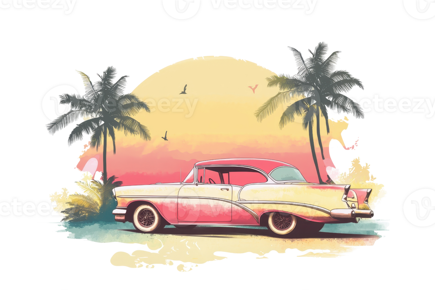 A classic vintage car parked beside palm trees with a colorful sunset backdrop. png