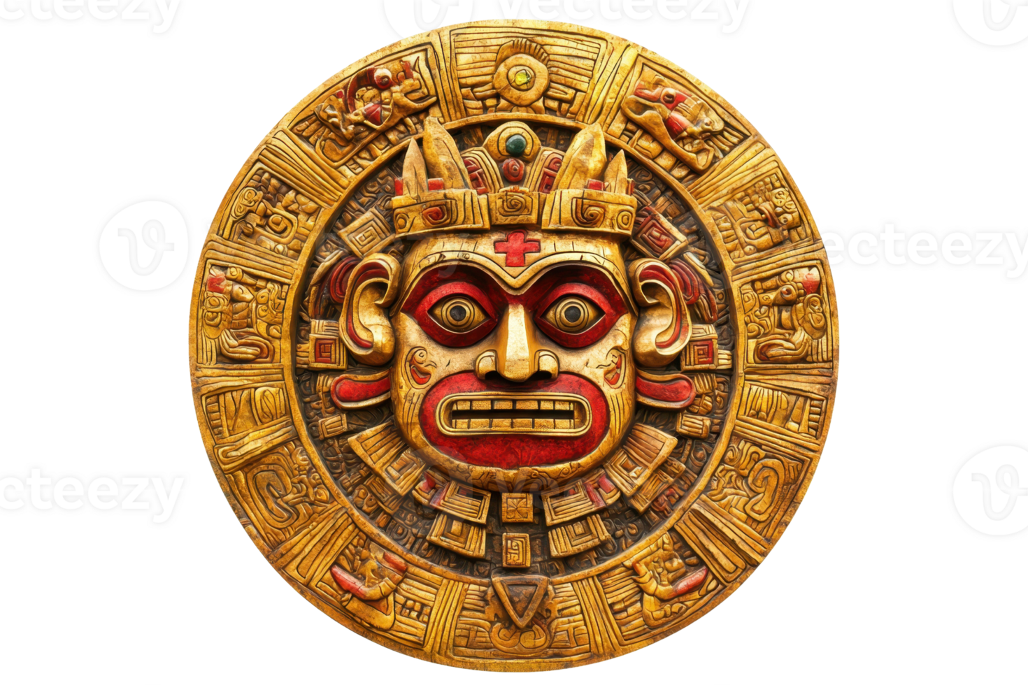 A detailed golden mask featuring fierce expressions, intricate carvings, and cultural symbols, representing ancient civilization. png
