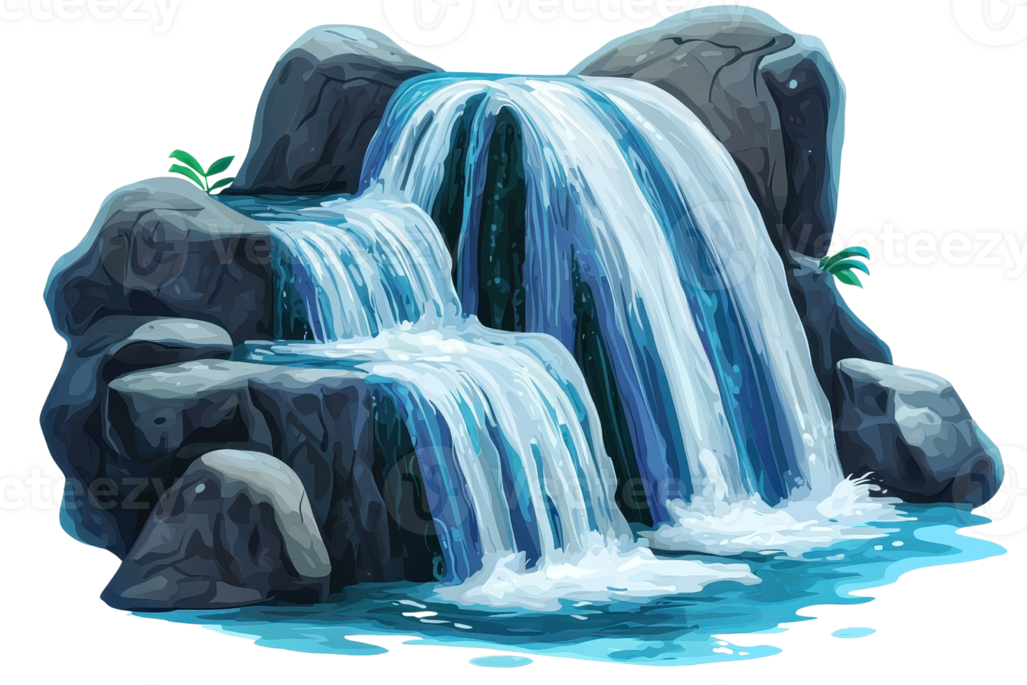 A cascading waterfall flows over rocks, creating a serene and refreshing scene with vibrant blue water. png