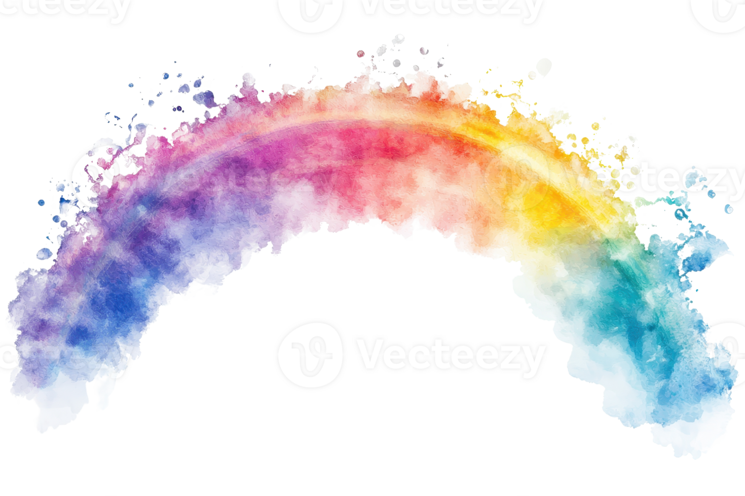 A vibrant watercolor rainbow arching gracefully, showcasing a spectrum of colors with artistic splashes at its edges. png