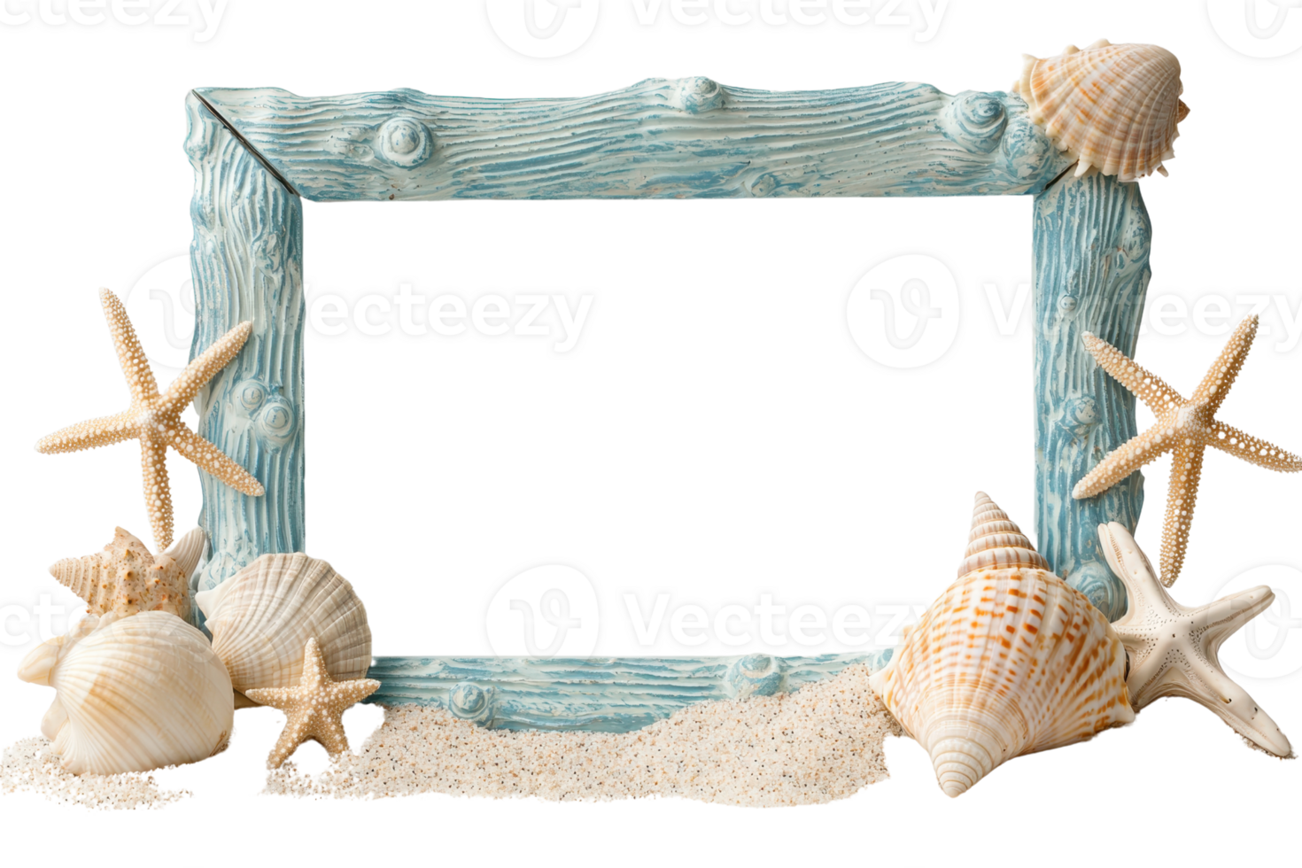A decorative frame adorned with seashells and starfish, evoking a beach theme. png