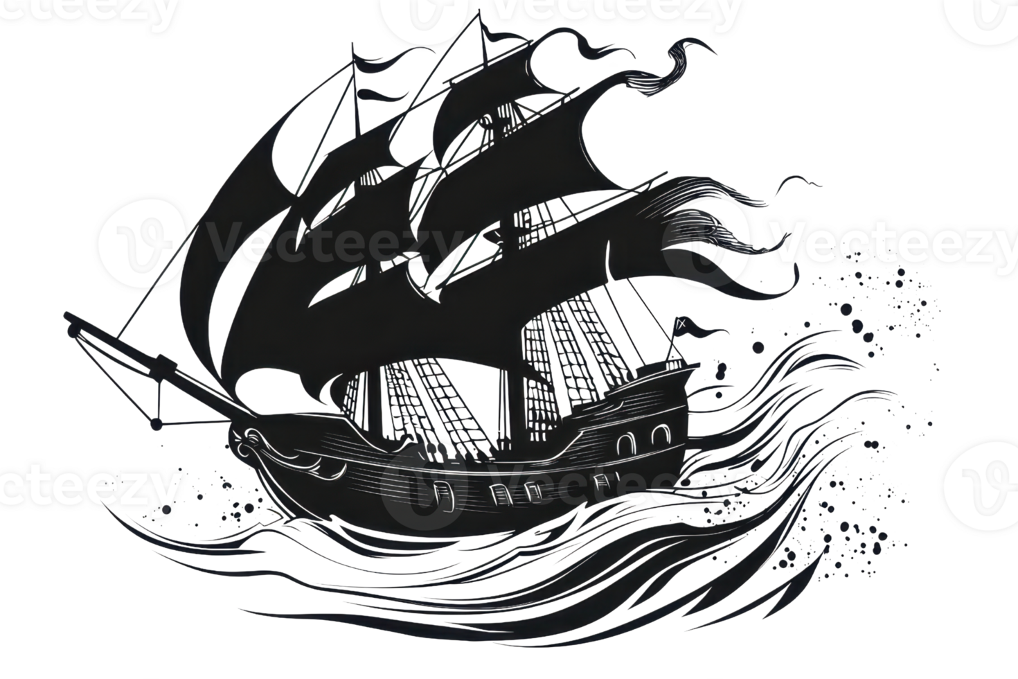 A dramatic ship with billowing sails navigating through turbulent waves, embodying the spirit of adventure and mystery. png