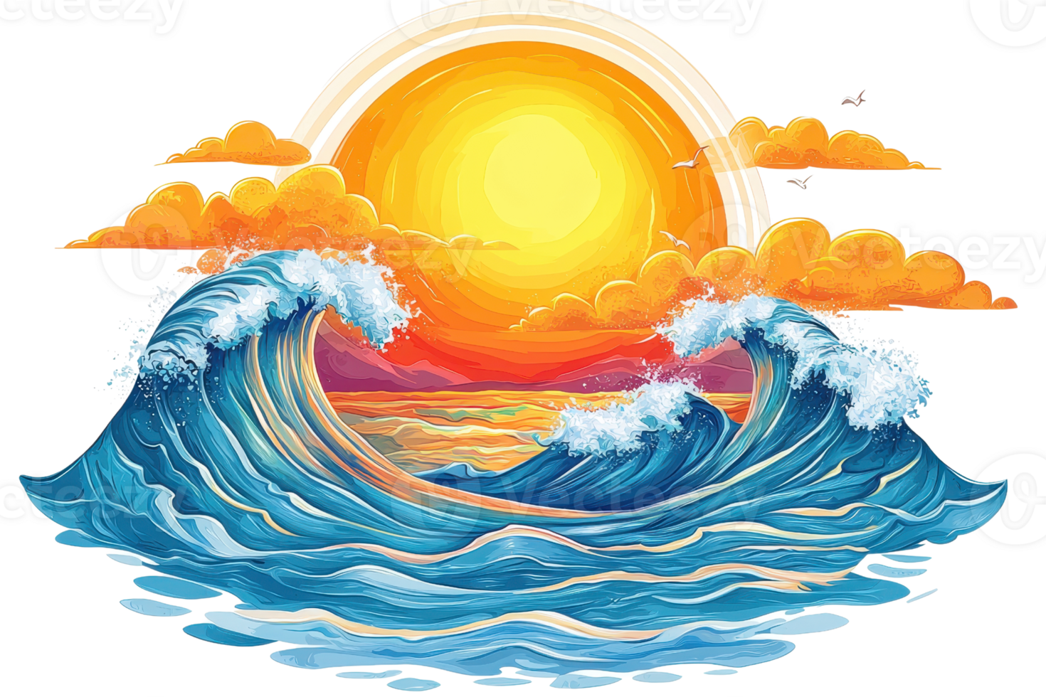 A vibrant sun setting behind stylized ocean waves, with clouds accentuating the warm colors of the scene. png