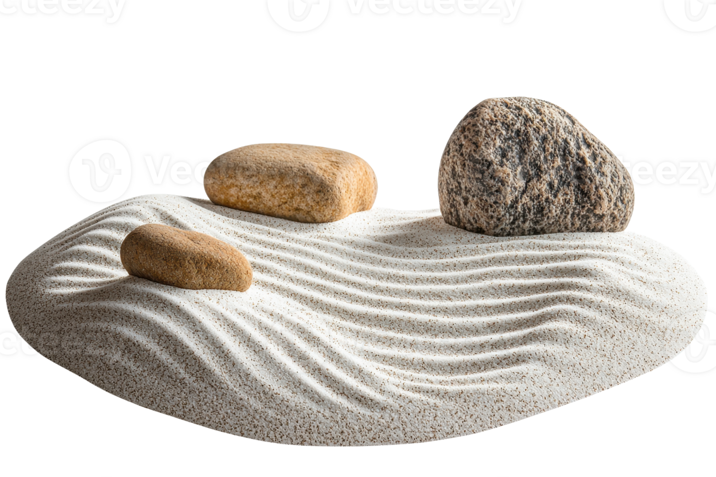 A serene arrangement of smooth stones on textured sand, showcasing calming lines and natural shapes. png