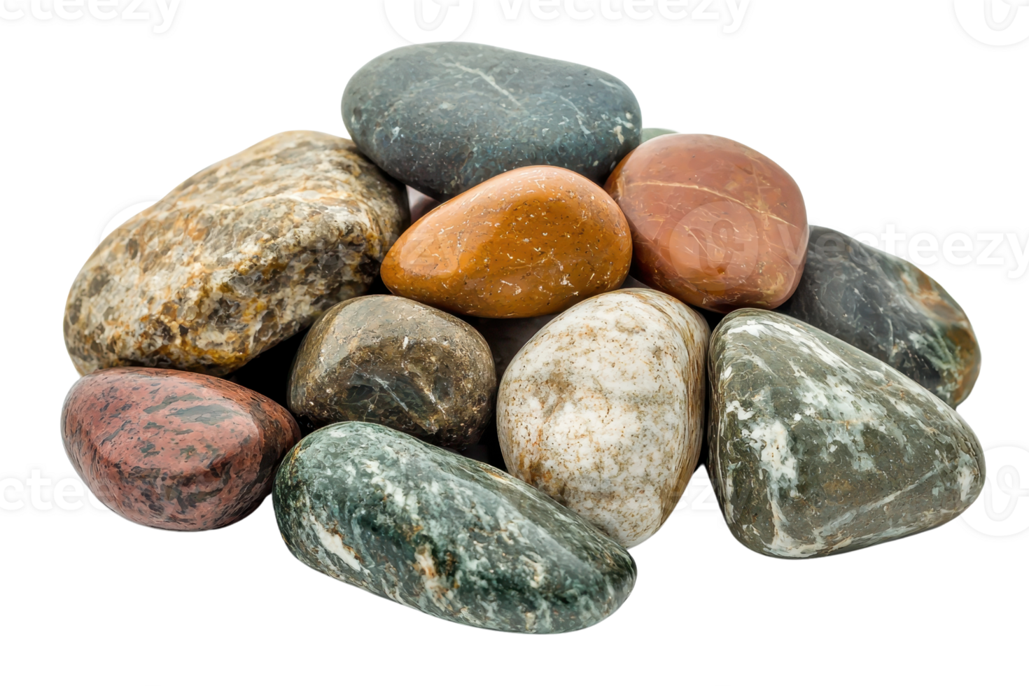 A collection of various smooth, colorful stones arranged together, showcasing diverse shapes and patterns. png