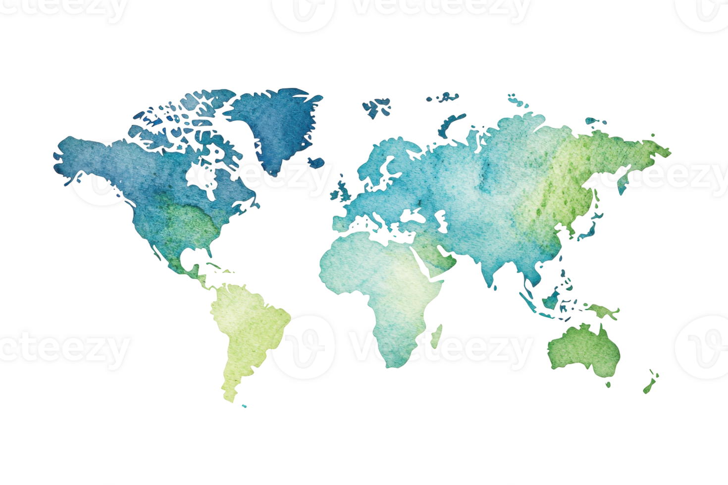 A watercolor world map showcasing various shades of blue and green, representing continents in an artistic style. png