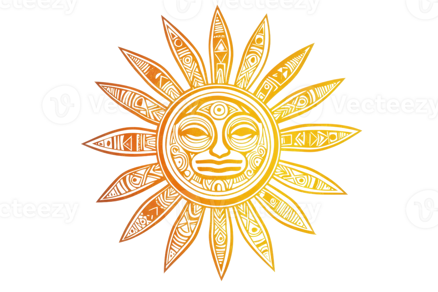 A stylized sun emblem featuring intricate patterns and a central face, radiating elongated triangular rays. png
