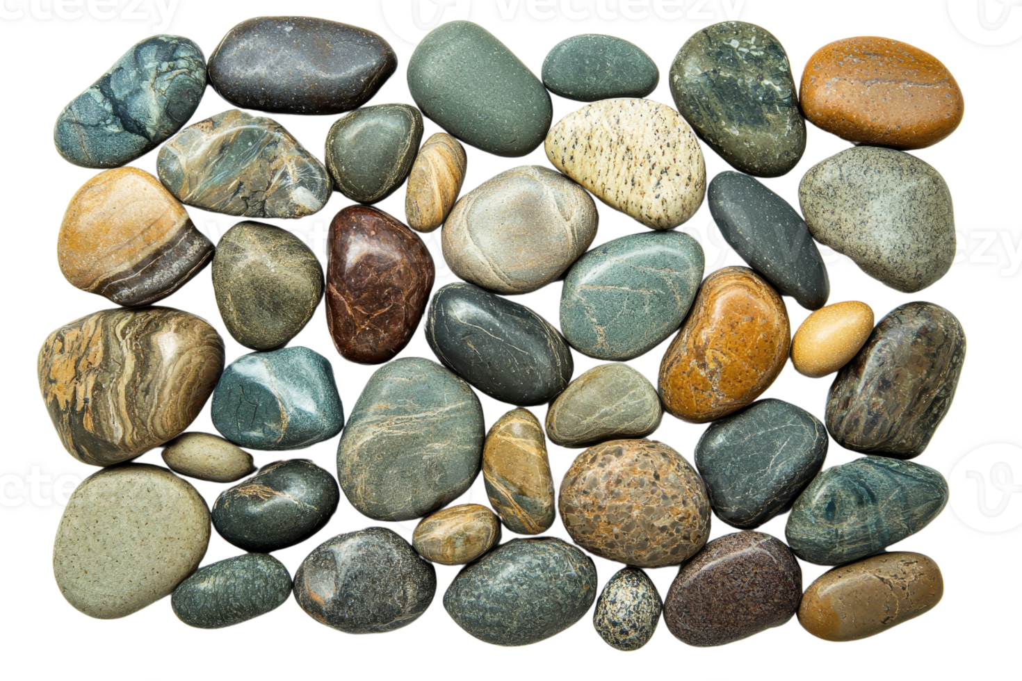 A collection of smooth, colorful stones arranged closely together, showcasing various shapes and patterns. png