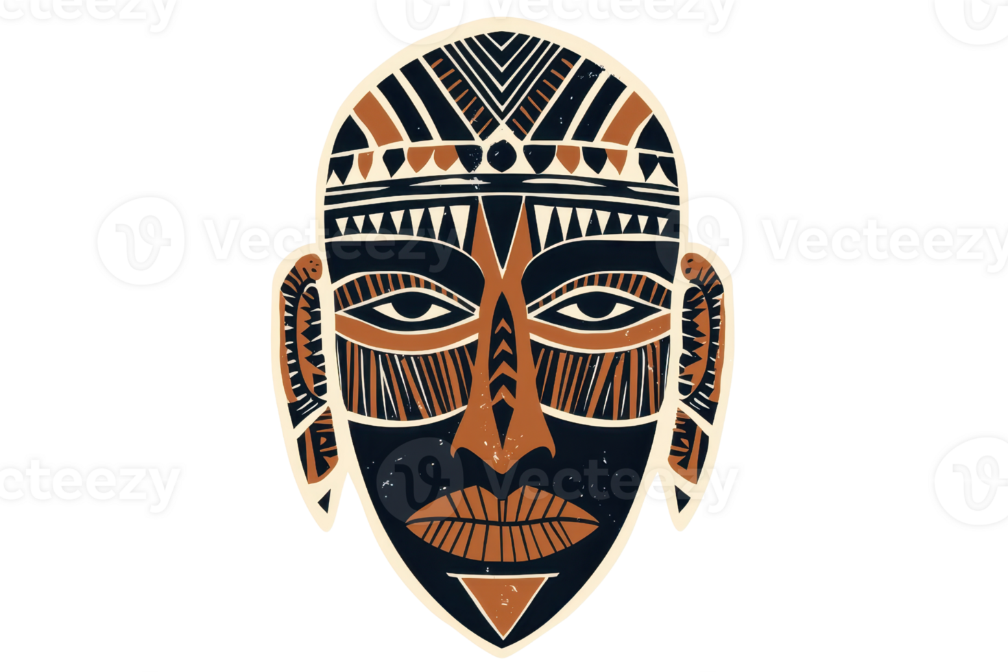 A stylized tribal mask featuring intricate patterns, bold lines, and a symmetrical design in earthy tones. png