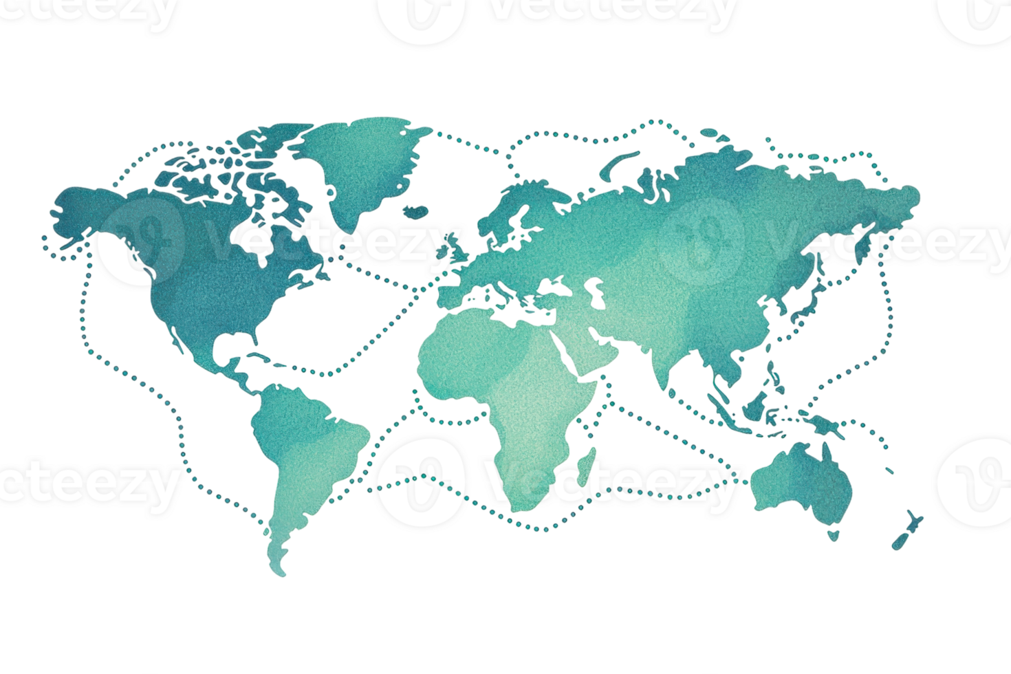 A stylized world map depicted in shades of blue, illustrating continents and oceans with connecting dotted lines. png