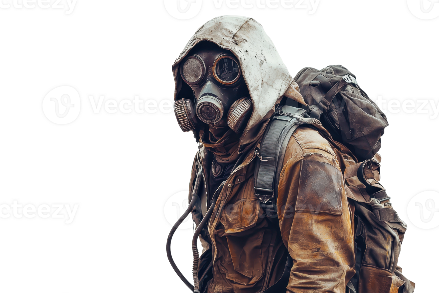 A figure wearing a gas mask and hooded jacket, carrying a backpack, suggesting a survival or post-apocalyptic theme. png