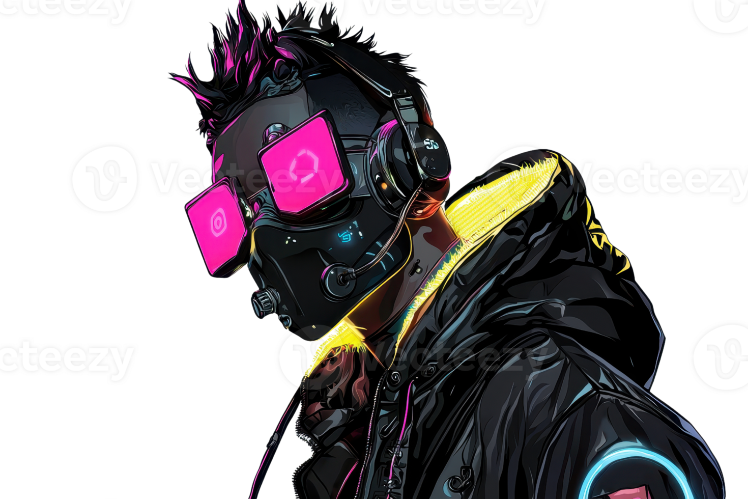 A futuristic figure wearing vibrant glasses and a high-tech mask, capturing a cyberpunk aesthetic with neon accents. png
