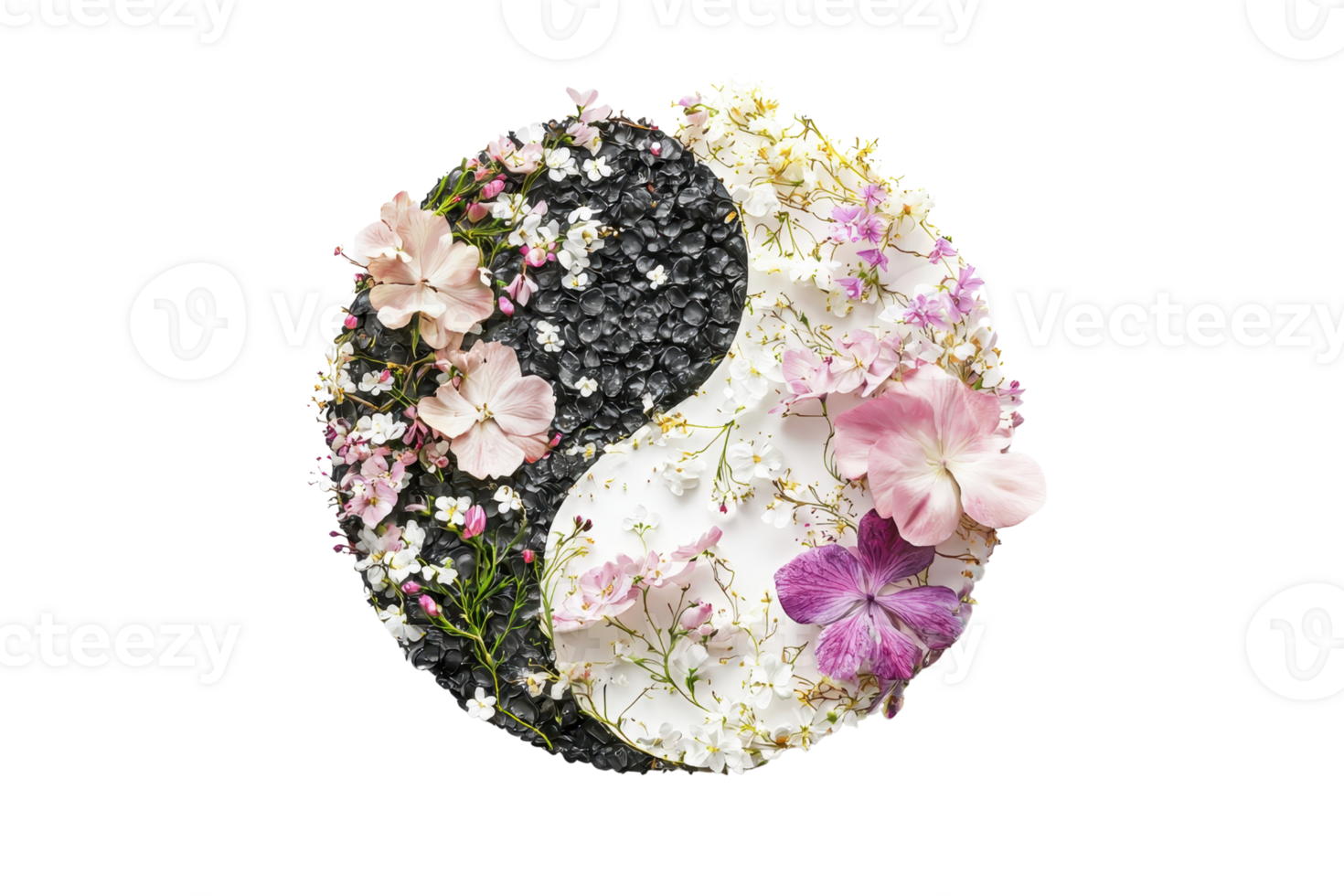 A circular design featuring a yin-yang symbol composed of flowers and dark stones, representing balance and harmony in nature. png