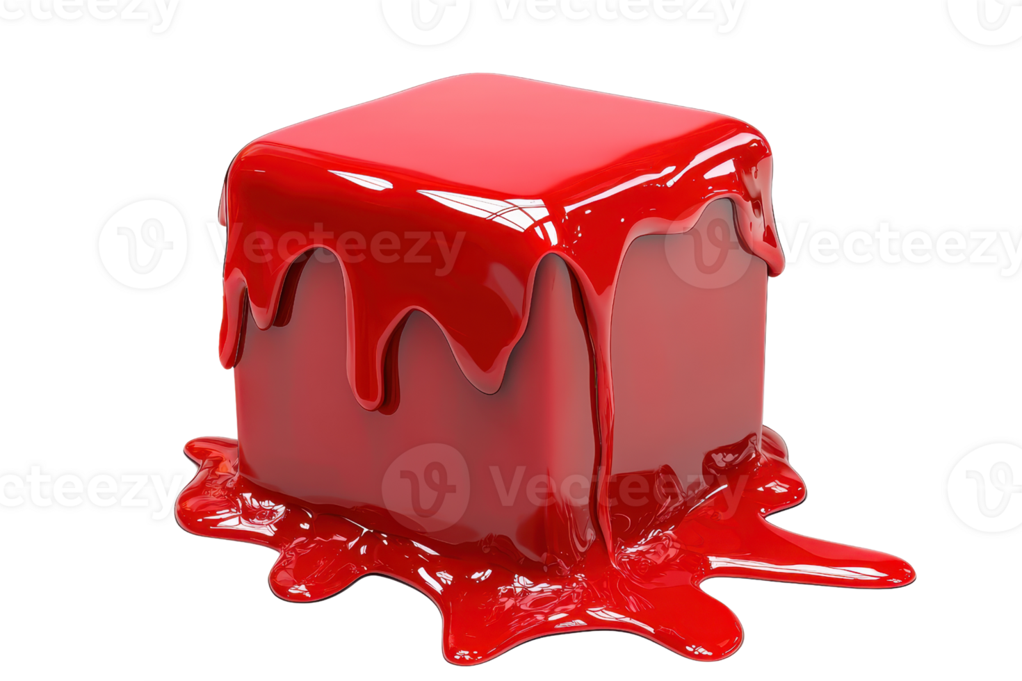 A glossy red cube with drips and splashes, resembling melted candy or syrup, showcasing a vibrant, shiny surface. png