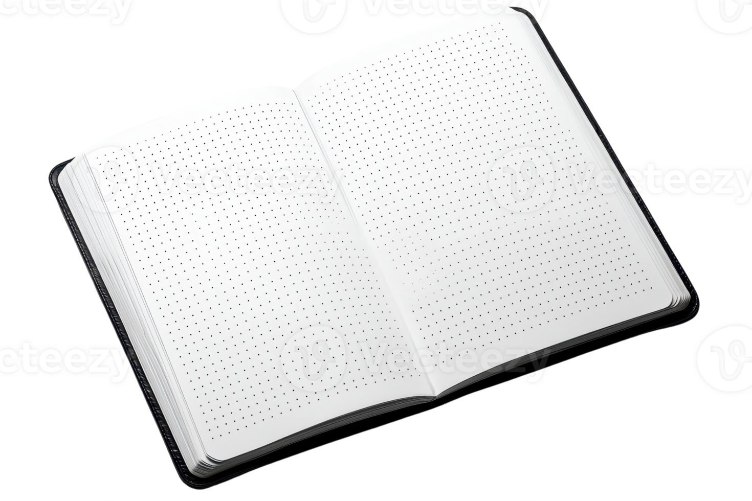 An open notebook with dotted pages, showcasing its interior layout and blank spaces for writing or drawing. png