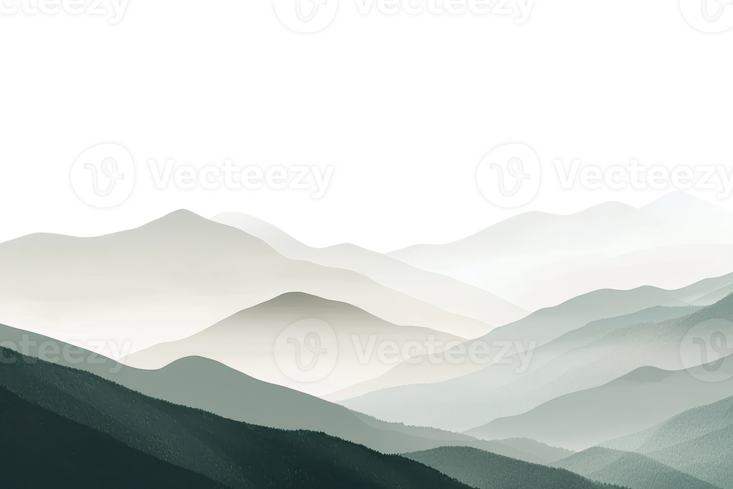 A serene abstract landscape featuring layered mountains in soft greens and whites against a dark background, evoking tranquility and depth. png