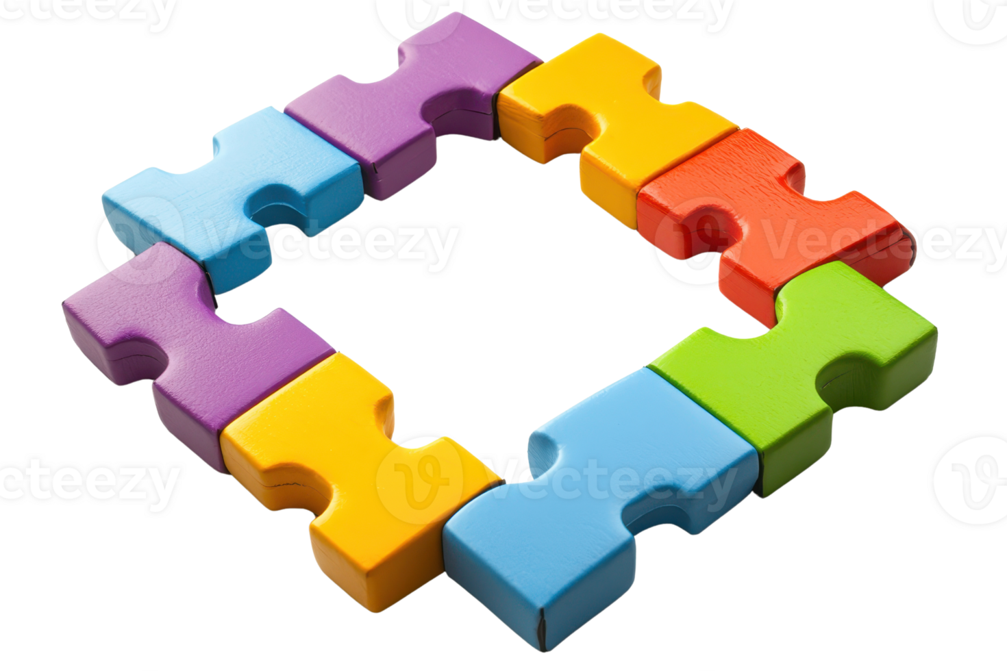 Colorful interlocking puzzle pieces arranged in a square shape, showcasing various bright colors and playful design. png