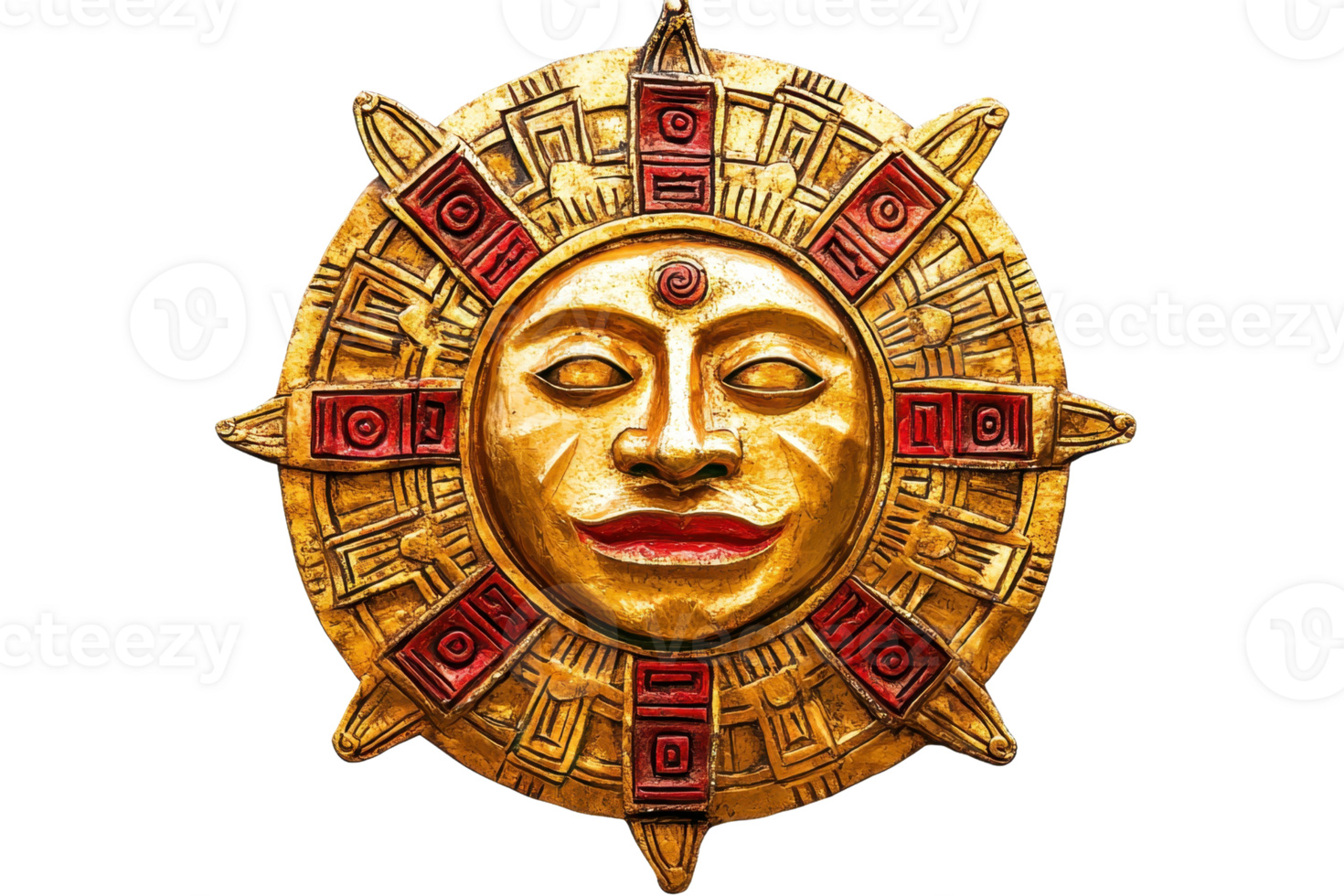 A golden sun emblem featuring a stylized face, adorned with red accents and intricate patterns. png