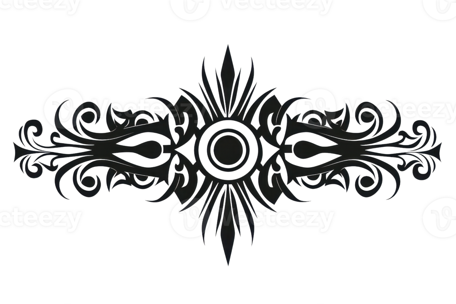 A decorative black design featuring intricate swirls and a central circular motif. png