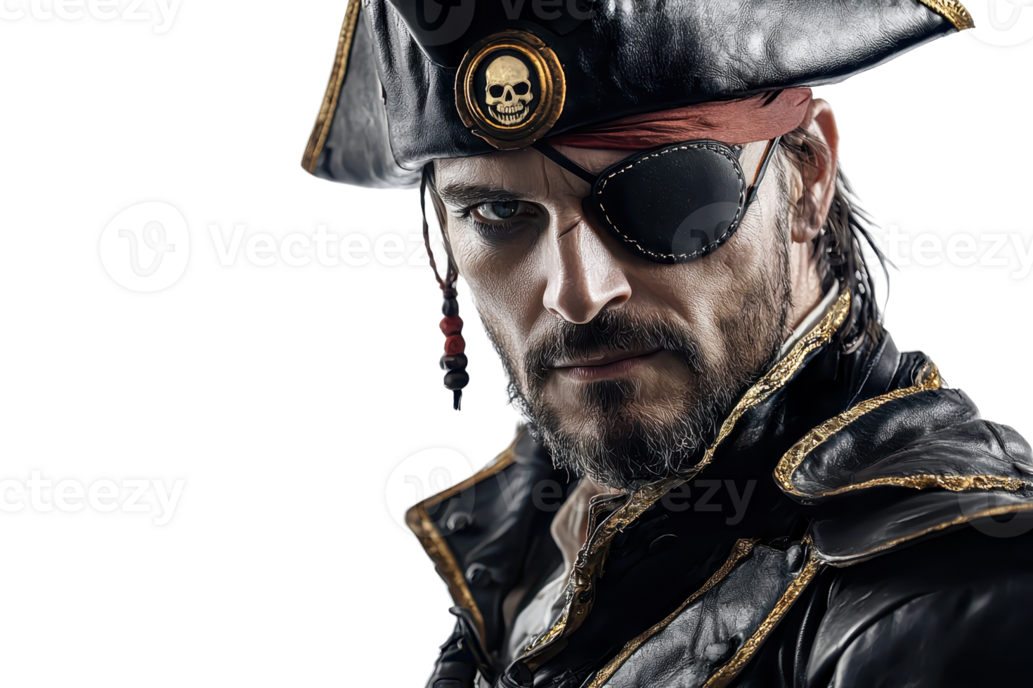 A fierce pirate with an eye patch and a skull emblem on his hat, exuding a bold and adventurous persona against a dark background. png