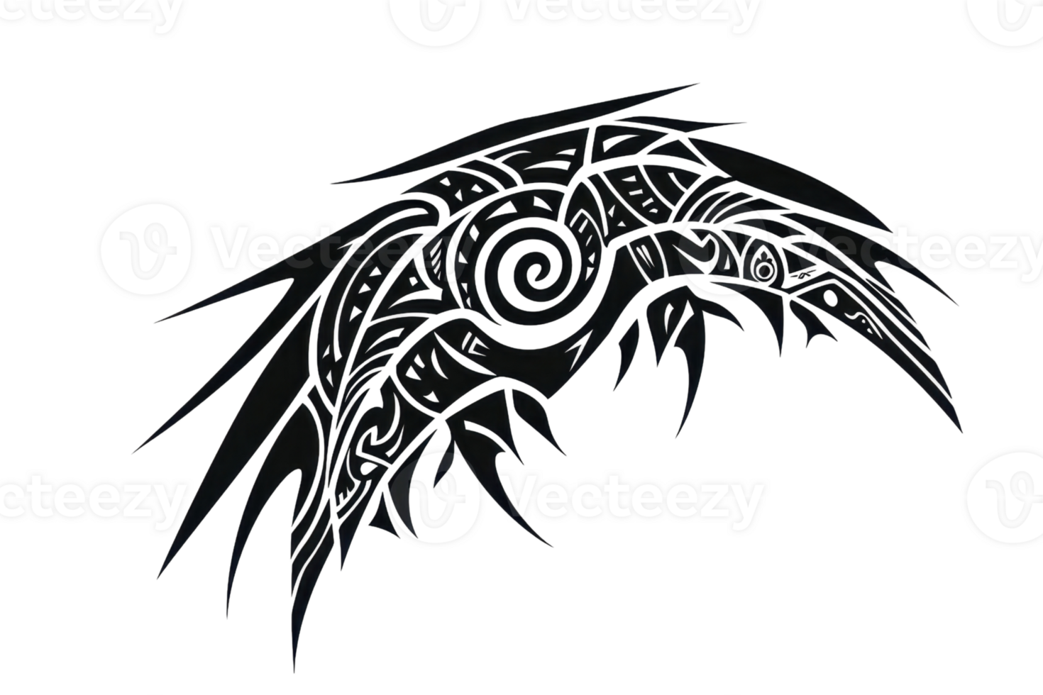 An intricate design featuring swirling patterns and sharp, feather-like elements in a dark color scheme. png