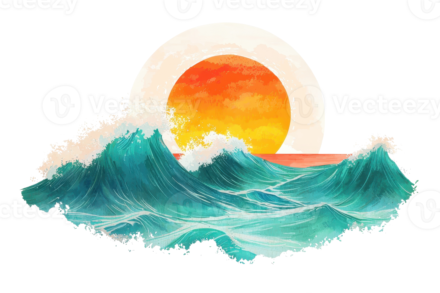 A vibrant sun setting over stylized ocean waves, showcasing dynamic blues and greens with a warm orange glow. png