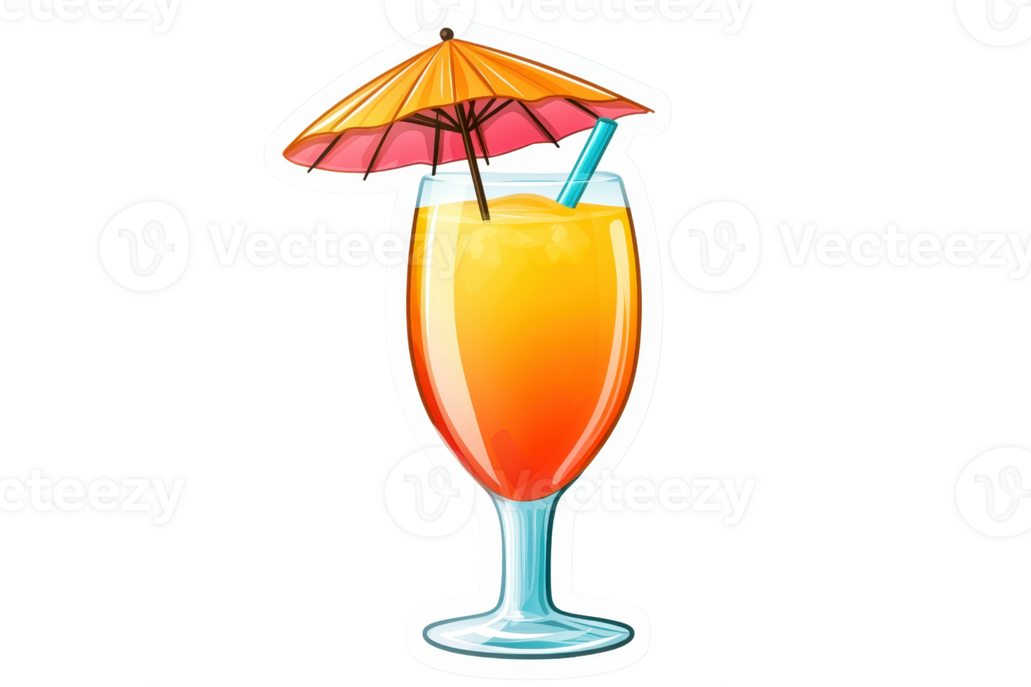 A colorful cocktail in a glass, topped with a small umbrella and a straw, evoking a tropical vibe. png