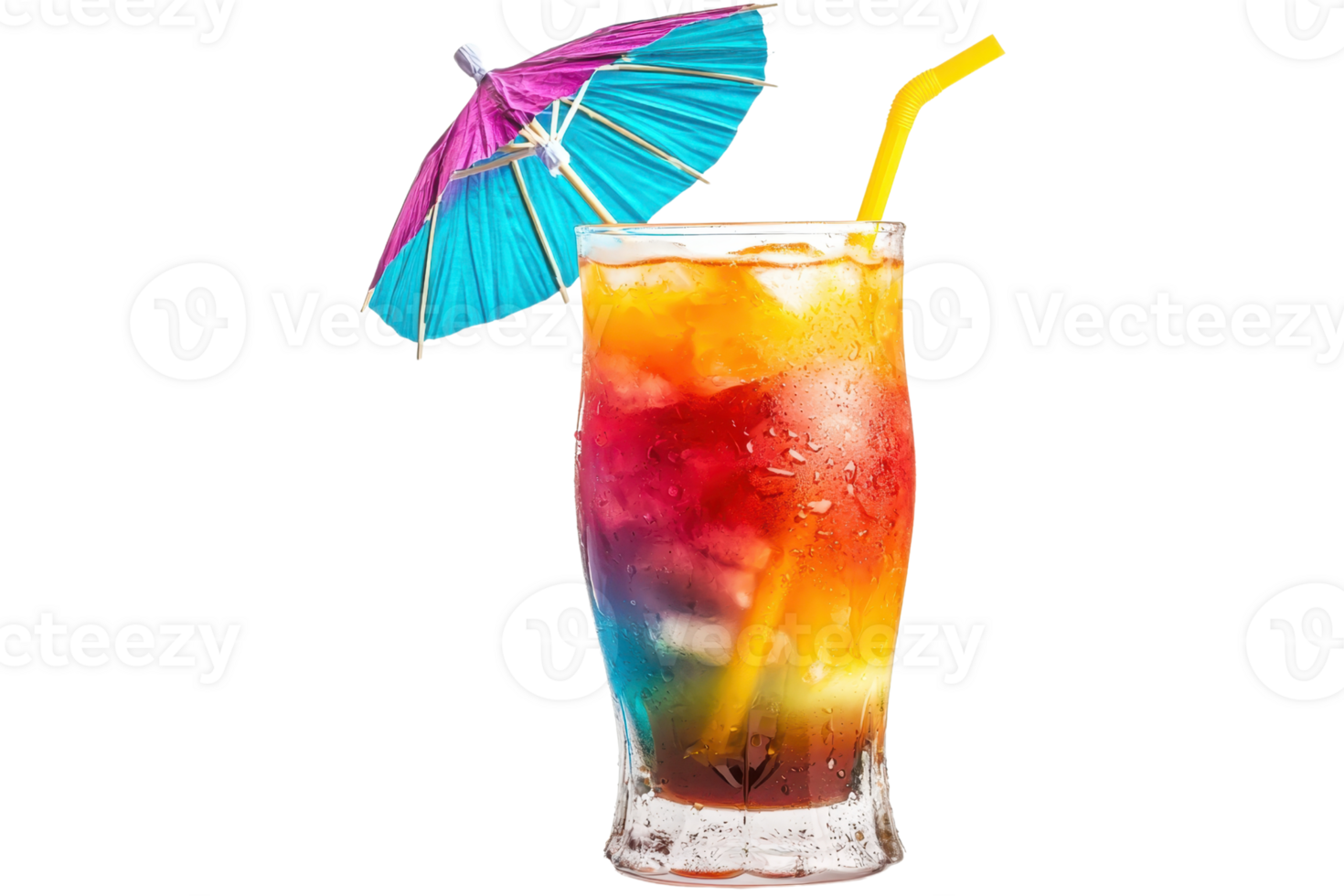 A vibrant cocktail served in a glass with layers of colorful liquids, ice, a straw, and a small umbrella. png