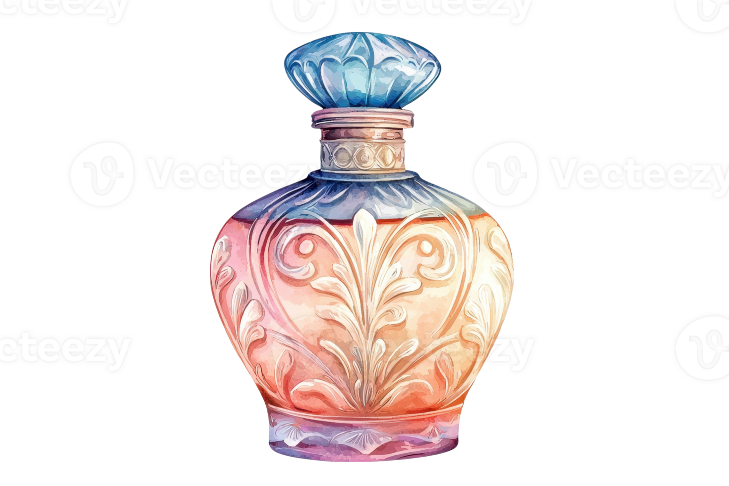 A beautifully crafted perfume bottle with intricate floral designs and a decorative cap, showcasing a gradient of pastel colors. png