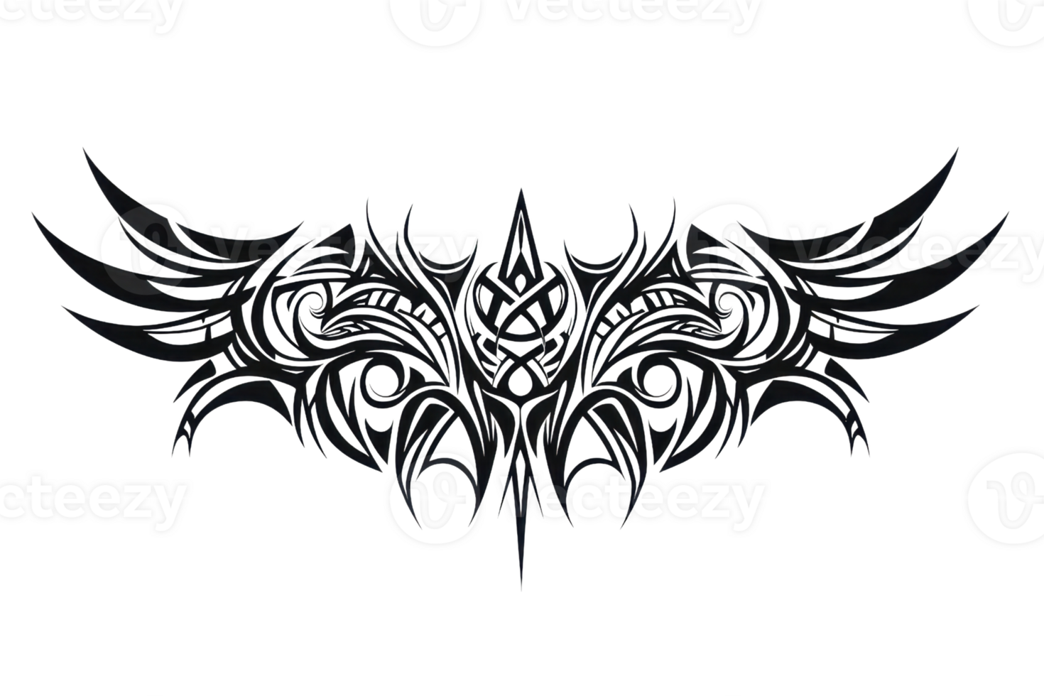 A stylized tribal design featuring symmetrical wings and intricate patterns, evoking themes of freedom and strength. png