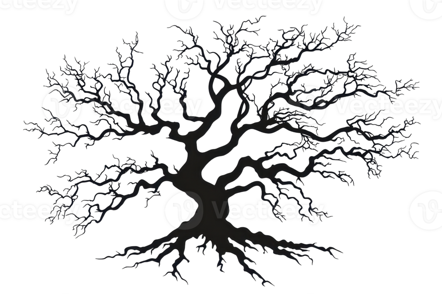 A dark, intricate tree with sprawling branches that twist and turn, showcasing a striking silhouette. png