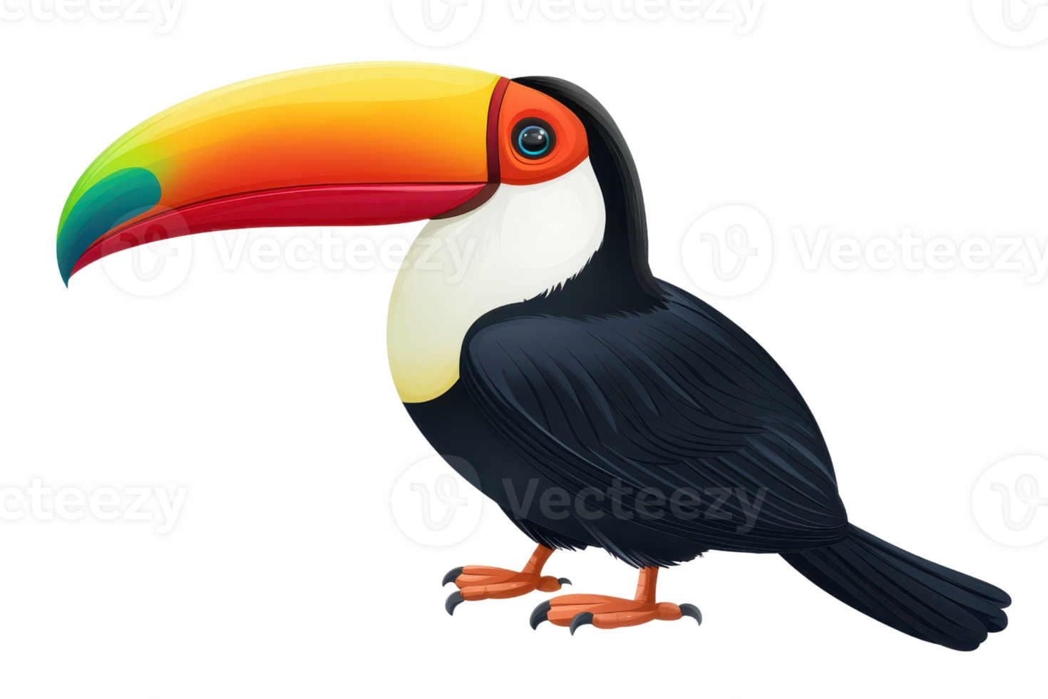 A colorful toucan with a large, vibrant beak and sleek black feathers, standing with a playful posture. png