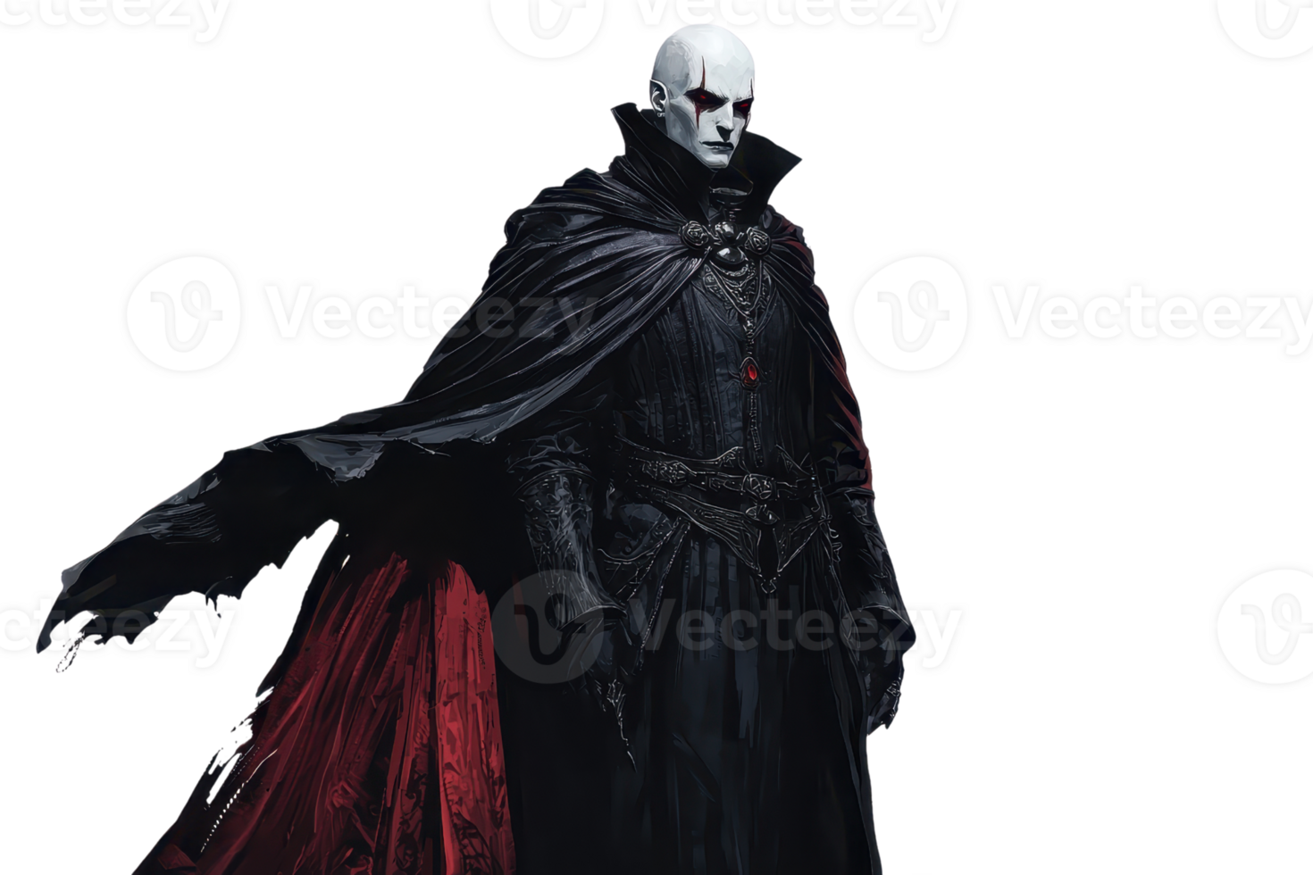 A mysterious figure in a dark cloak with a pale face, exuding an aura of power and intrigue. png
