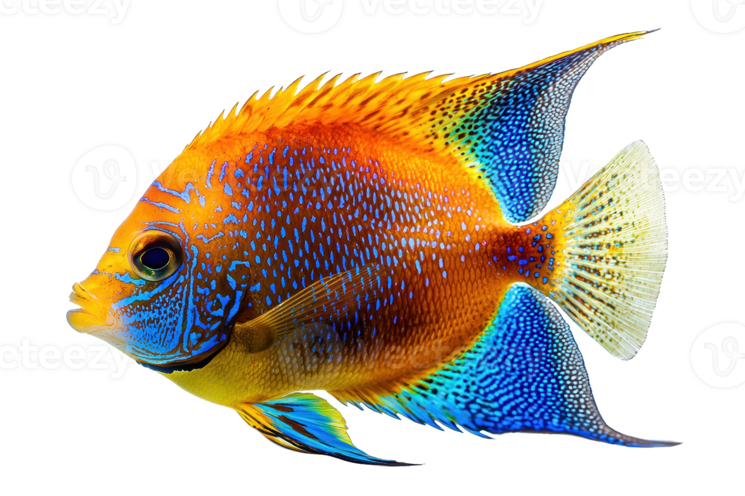 A brightly colored fish showcasing vibrant blue, orange, and yellow hues with intricate patterns on its body and fins. png