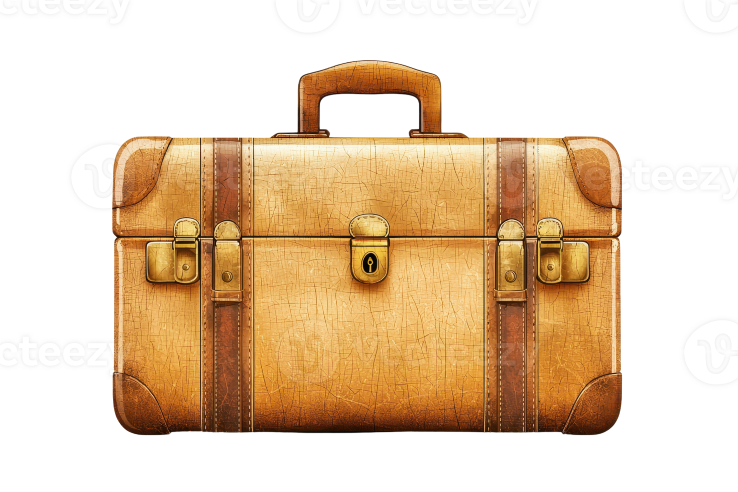 A vintage leather suitcase with metal clasps and a handle, featuring a weathered appearance and elegant design. png