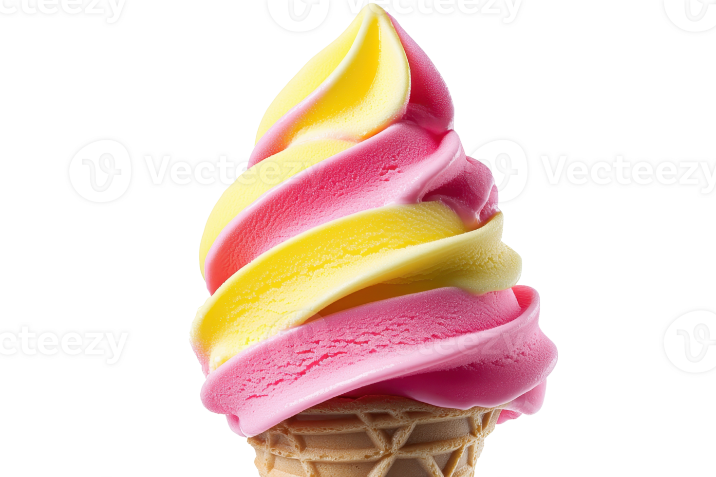 A colorful swirl of soft serve ice cream in pink and yellow, served in a waffle cone. png