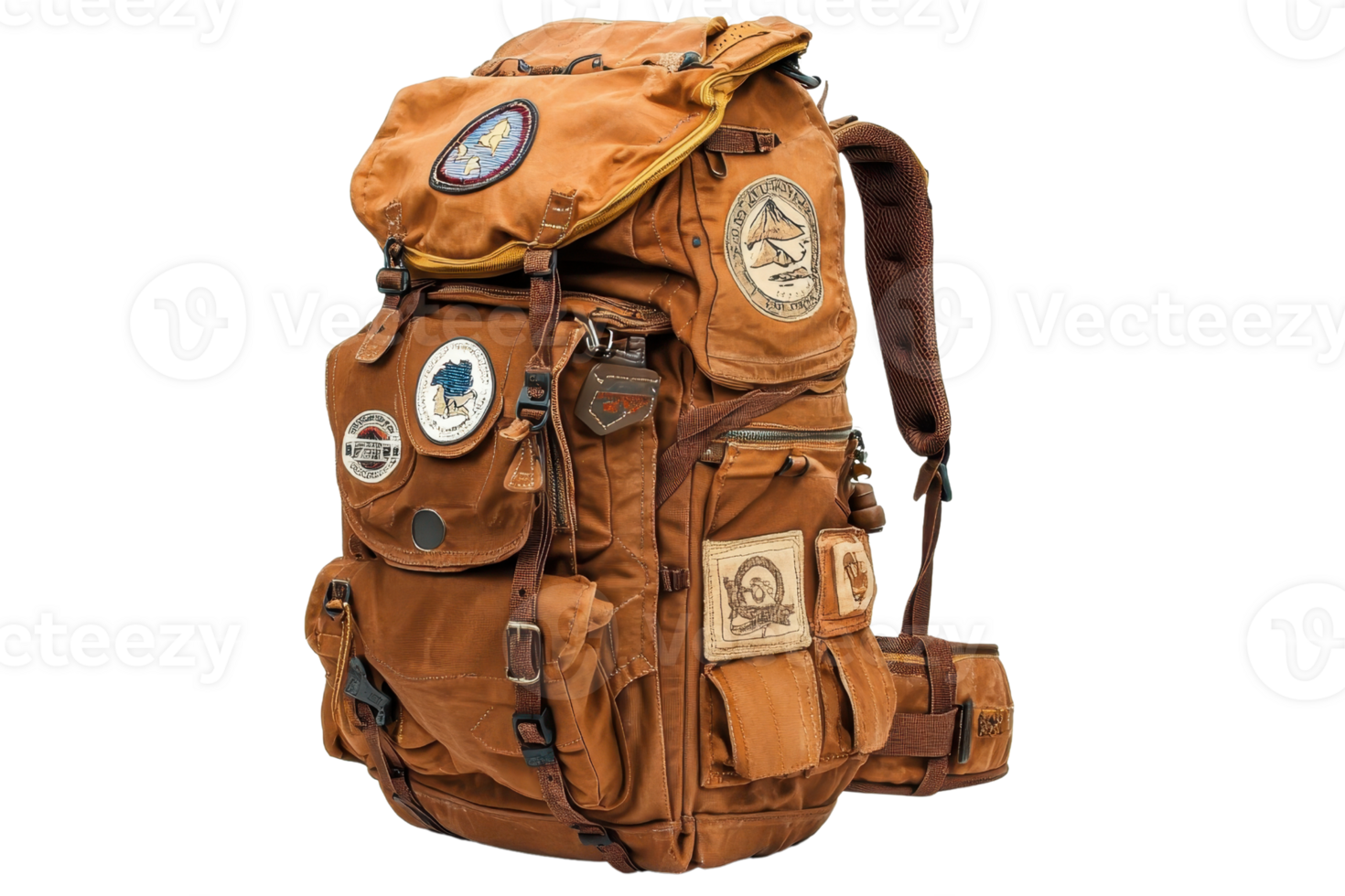 A rugged, orange backpack adorned with various patches and multiple compartments, ideal for outdoor adventures and travel. png