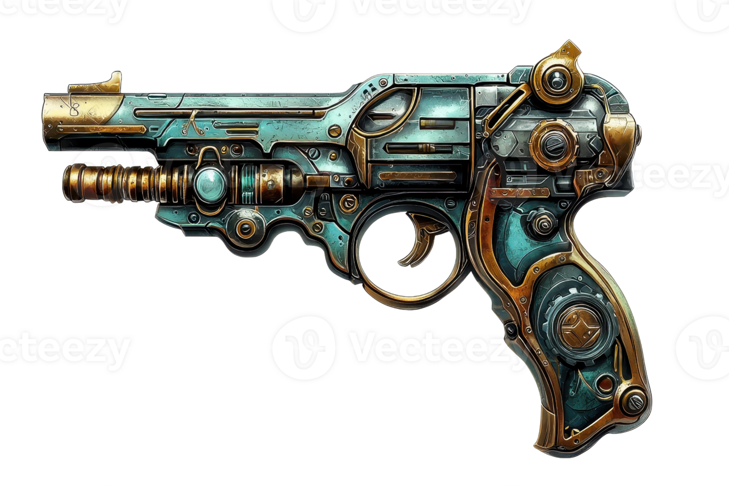 A steampunk-style pistol featuring intricate detailing, metallic elements, and a unique color scheme of teal and bronze. png