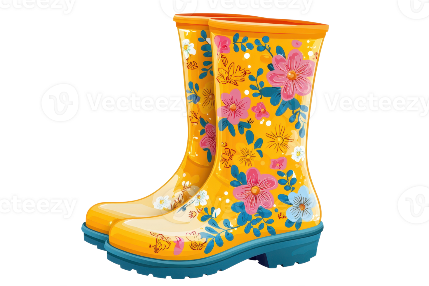 Colorful floral rain boots featuring vibrant yellow with blue soles, perfect for wet weather and outdoor activities. png