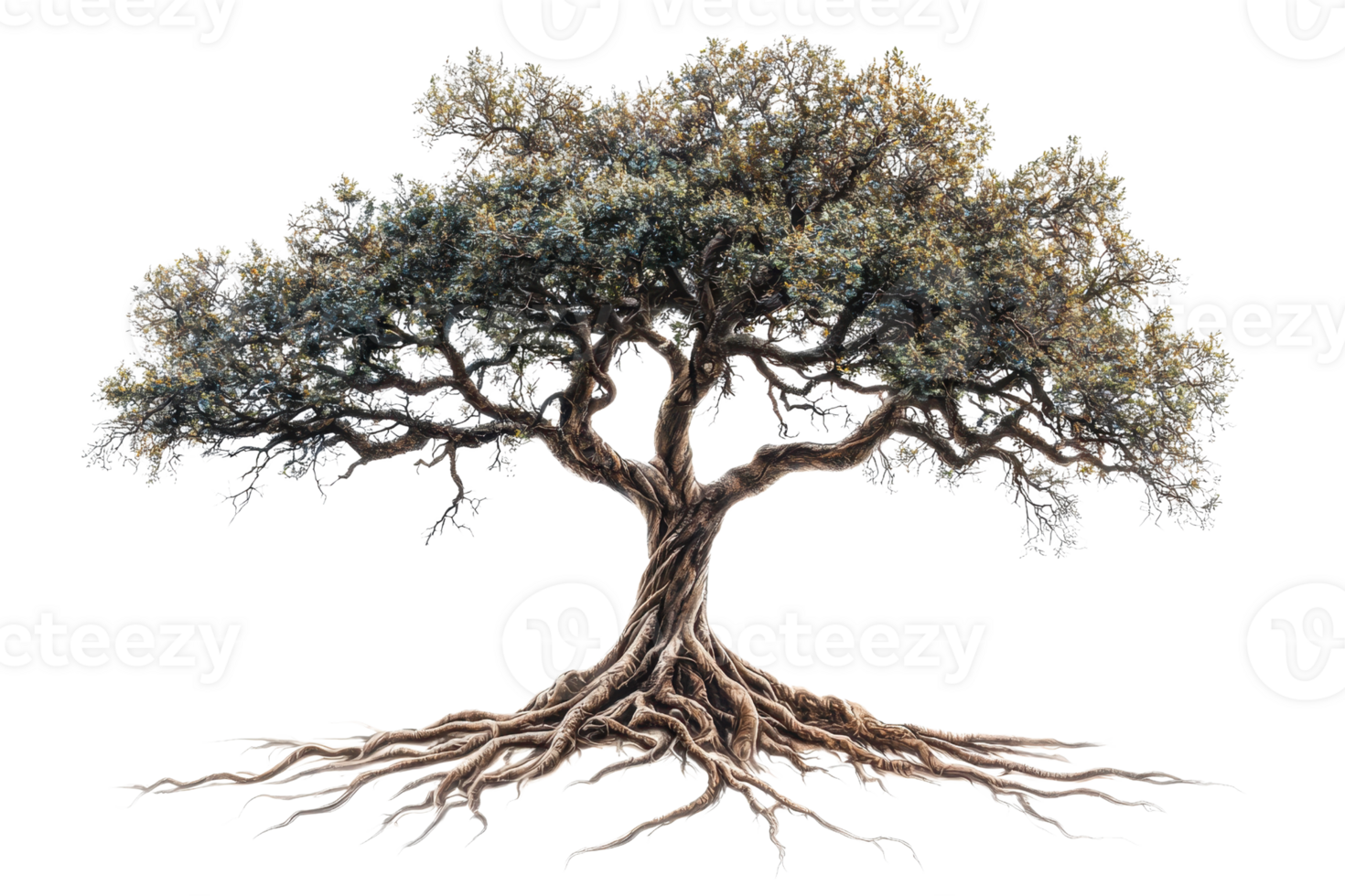 A large, majestic tree with intricate roots and a broad canopy, showcasing vibrant foliage and a sturdy trunk. png