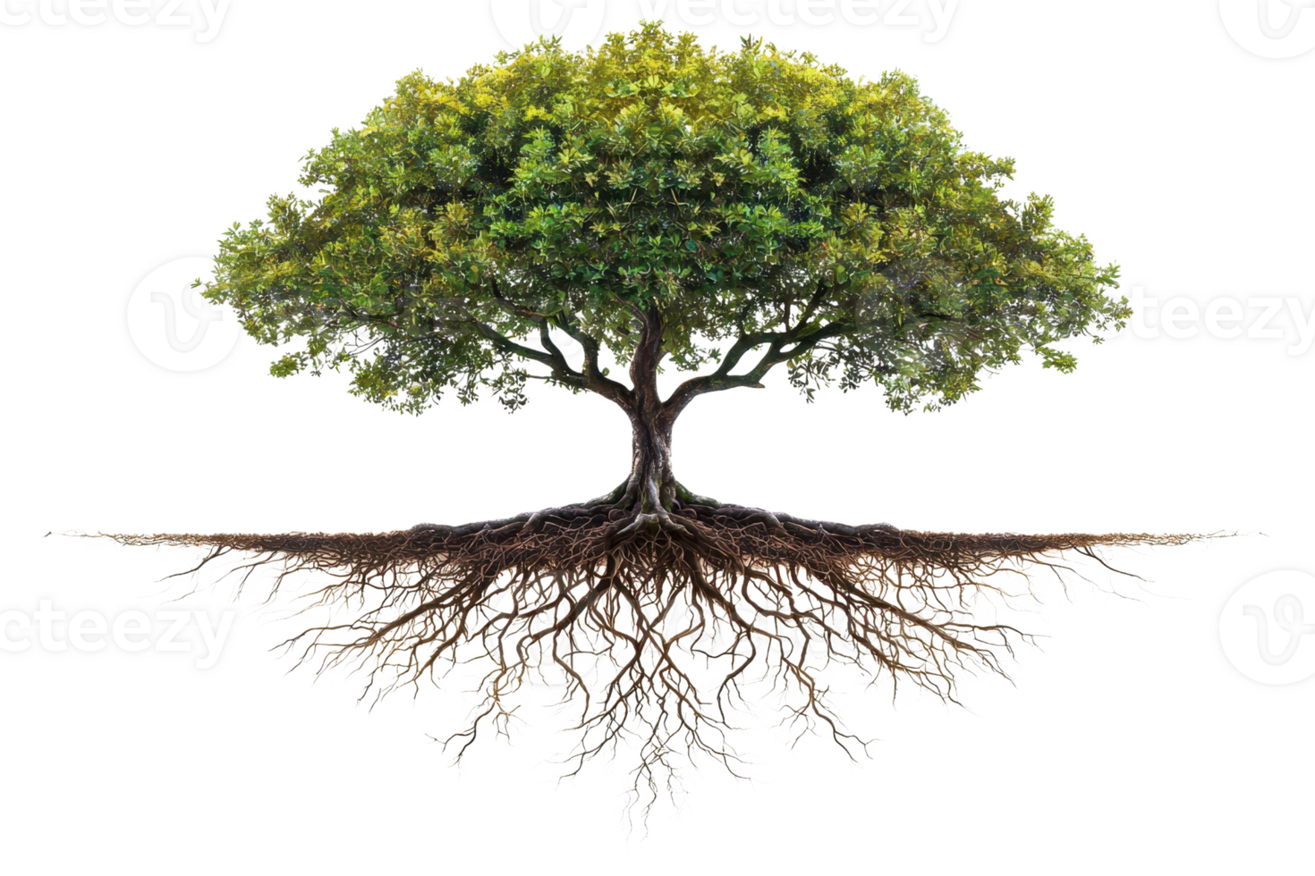 A lush green tree with a broad canopy and extensive roots, symbolizing growth and stability. png