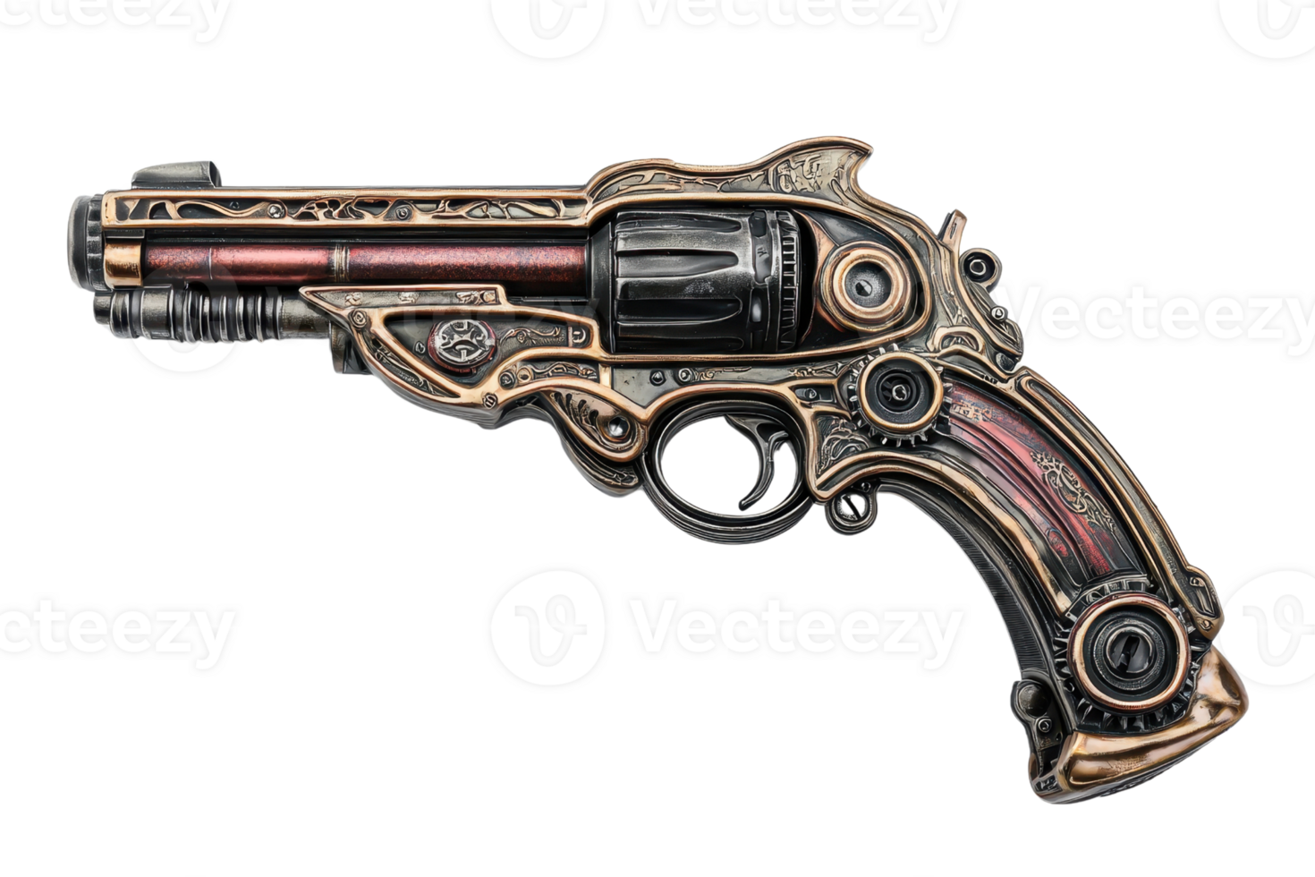 A detailed, ornate pistol featuring intricate designs and vivid colors, showcasing a unique blend of classic and futuristic elements. png