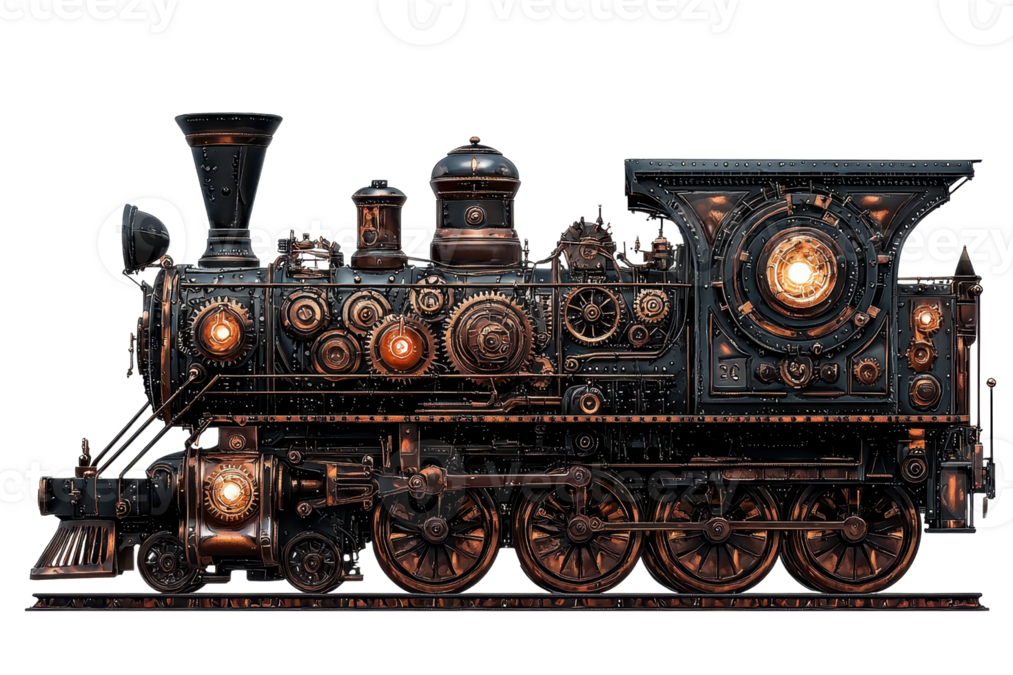A vintage steam locomotive featuring intricate details, gears, and a polished finish, showcasing the elegance of classic train design. png