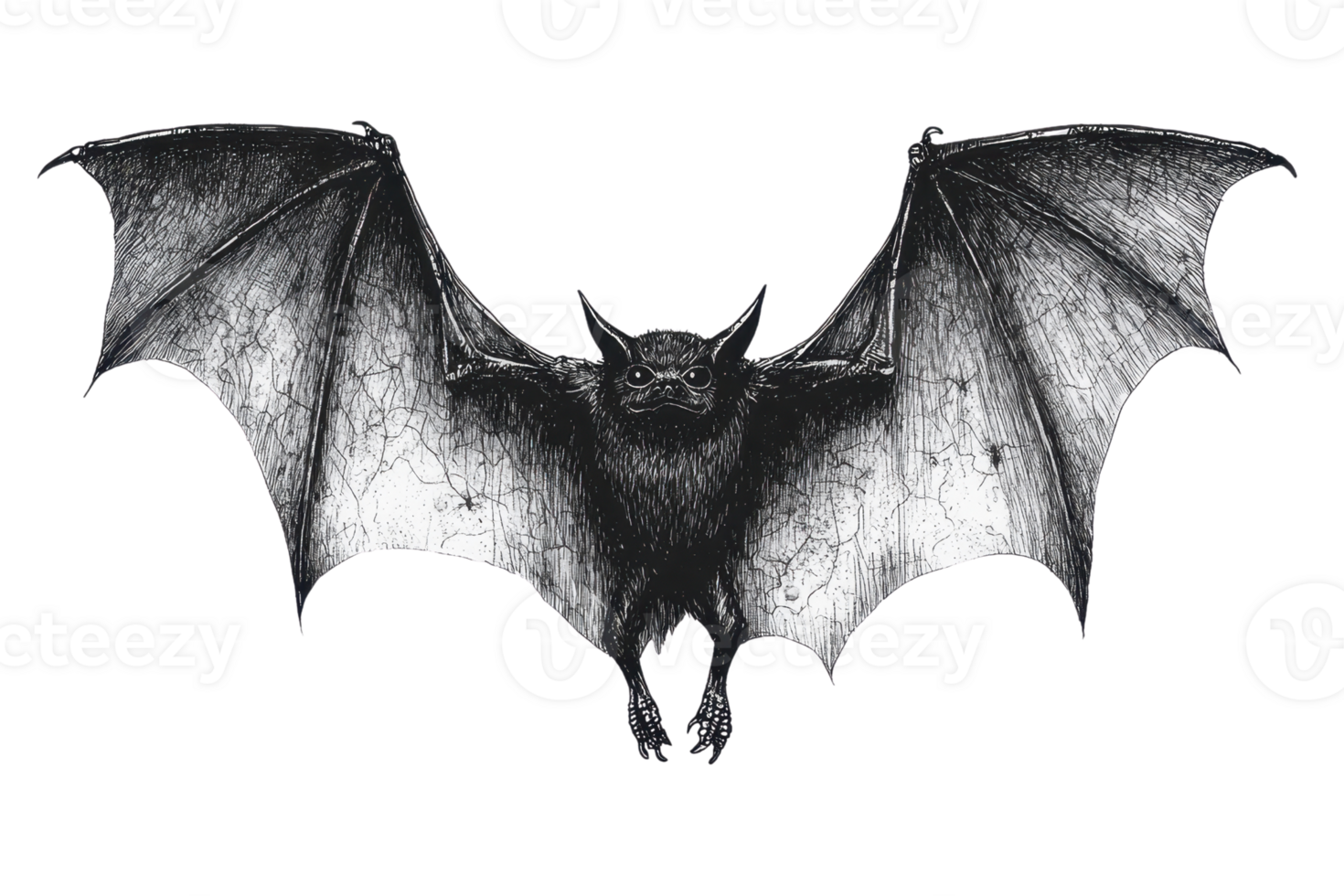 A detailed, realistic depiction of a bat with outstretched wings, showcasing its intricate wing structure and features. png